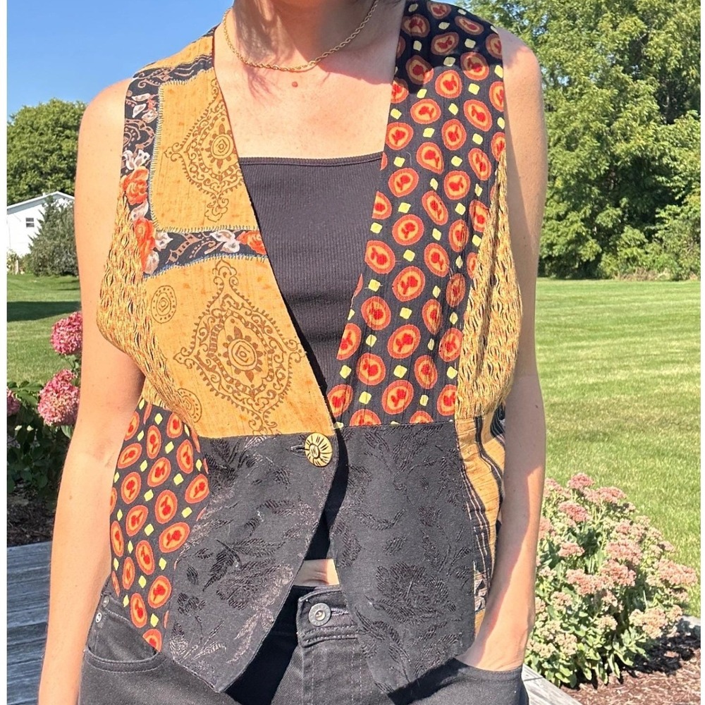 Vintage 90s Patchwork Patterned Vest Boho Festival Cottage Brown Black USA M/L